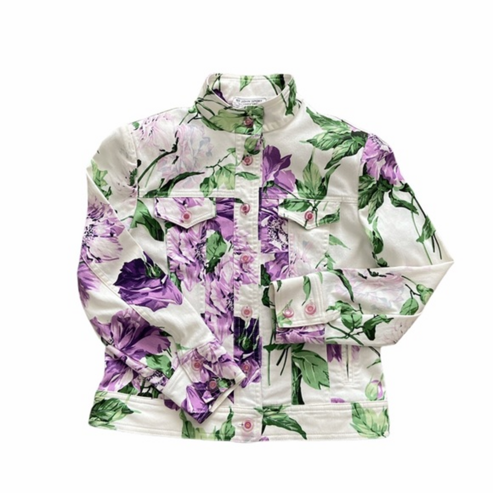 St. John Sport Marie Gray White Purple Floral Jacket‎ Size 0 Petite